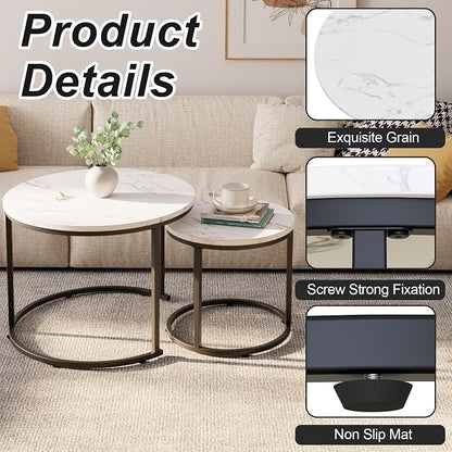 aboxoo Round Nesting Coffee Table Side Table Set of 2 End Tables for Living Room Bedroom Balcony, White Faux Marble Wooden Table Accent Coffee Table with Black Steel Frame