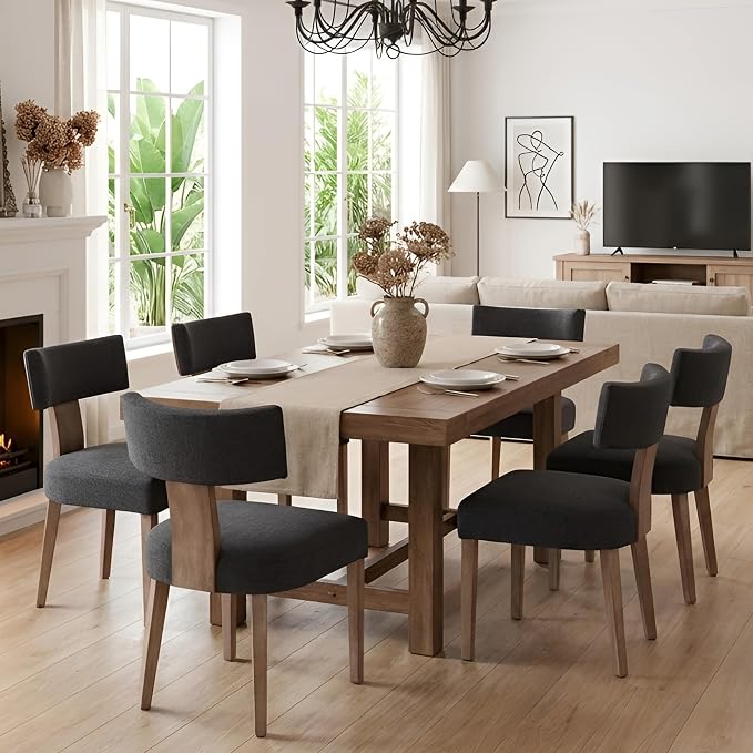 HNY Mid Century Modern Dining Chairs Set of 6, Farmhouse Linen Upholstered Accent Chairs Curved Backrest Kitchen Chairs, with Hardwood Frame, Charcoal