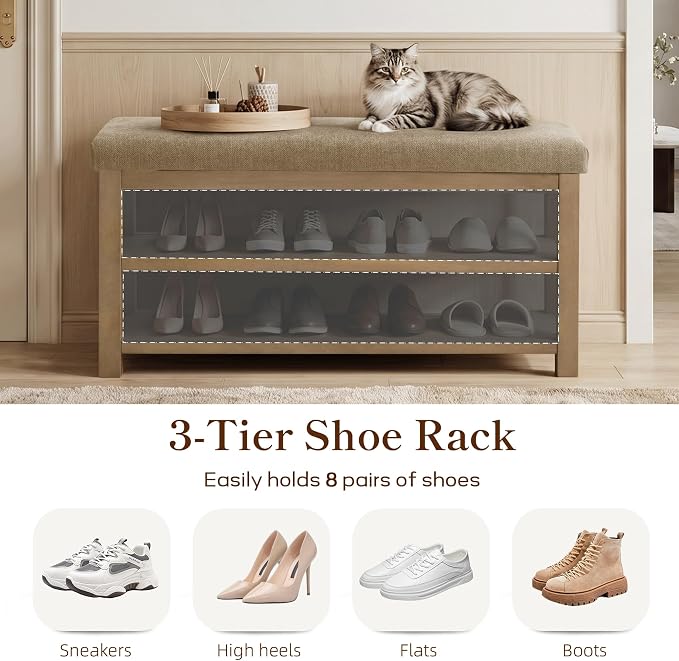 Zihanhome 2 Tier Shoe Rack Bench with Cushion, Solid Wood Shoe Benches, Mid-Century Modern Shoe Storage Bench for Entryway, Hallway, Living Room, Closet, Front Door Entrance, (Brown, 39.4")