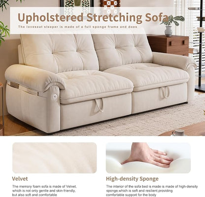 77.2'' Pull Out Couch Full Size, Pre-Assembled Sleeper Sofa Bed, Flannel Convertible Futon Sofa Bed with Adjustable Backrest, USB, Side Pocket, Loveseat for Living Room, Apartment, Beige