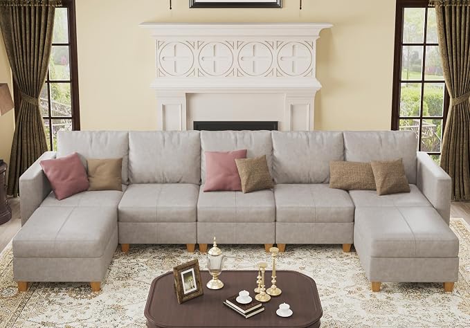 EASE MOOSE Faux Leather Sectional, Modular Sectional Sofa with Storage, Leather Couch U Shaped Couches for Living Room, Whitesand