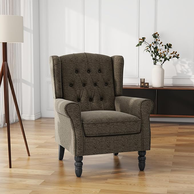 High Back Accent Chair, Fabric Upholstered Armchair Wingback Chair for Living Room, Comfy Single Sofa Bedroom Reading Seat with Solid Wood Legs - Taupe