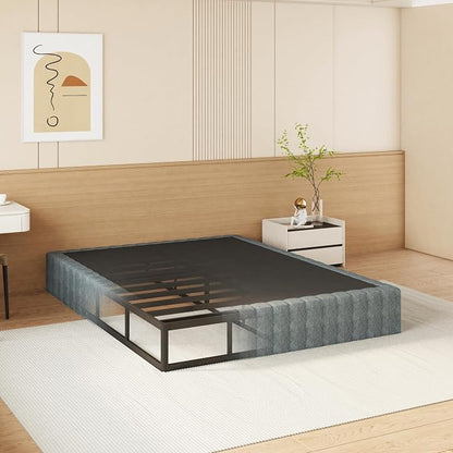 NHODIR 9 Inch Box Spring Queen Size Bed Base, Heavy Duty Metal Queen Mattress Foundation with Upholstered Fabric Cover, Noise Free, Easy Assembly, Black