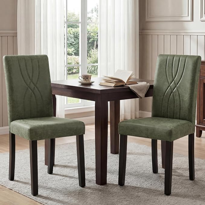 LSSBOUGHT Modern Dining Chair Set of 6,Urban Style Fabric Kicthen Chairs with Solid Wood Legs for Dining Room and Restaurant (Green-Quilted backrest)