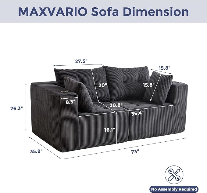 MAXYOYO Modular Sectional Sofa Couch, Loveseat Boneless Cloud Couch for Living Room, Sofa in A Box, Tufted Upholstered Cozy Chair with Cup Holders, No Assembly Required, Grey