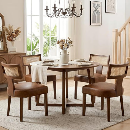 HNY Mid Century Modern Rattan Dining Chairs Set of 2, Farmhouse PU Leather Upholstered Accent Chair Curved Backrest Kitchen Chairs, with Hardwood Frame, Brown