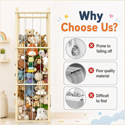 Solid Pine Stuffed Animal Storage, 56" Large Wooden Toy Organizer Tower | 100% solid pine, extra-wide & high open design. Whole rope hand-polished. Holds large plush toys for kids playroom bedroom