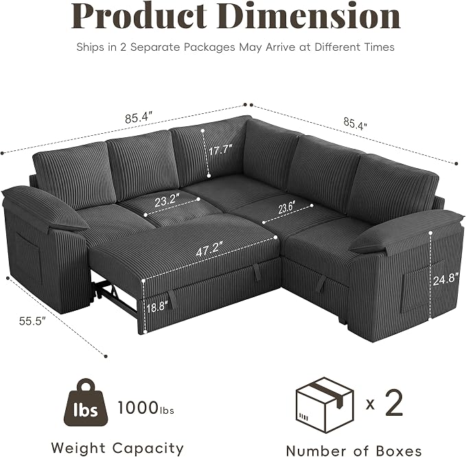 85 Inch Modular Sectional Sofa with Pull Out Couch Bed, L Shaped 5 Seat Sectional Couch with Storage, Corduroy Sectional Couches for Living Room, Cloud Modular Couch, Removable Sofa Cover, Dark Grey