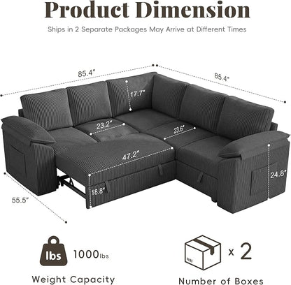85 Inch Modular Sectional Sofa with Pull Out Couch Bed, L Shaped 5 Seat Sectional Couch with Storage, Corduroy Sectional Couches for Living Room, Cloud Modular Couch, Removable Sofa Cover, Dark Grey