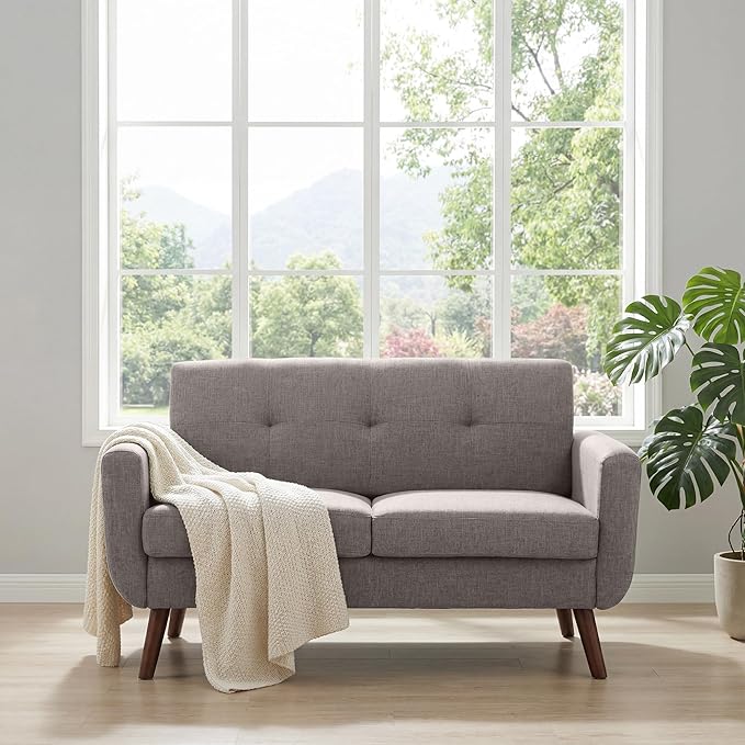 Tbfit 56" W Loveseat Sofa, Mid Century Modern Decor Love Seat Couches for Living Room, Button Tufted Upholstered Small Couch for Bedroom, Solid and Easy to Install Love Seats Furniture, Grey