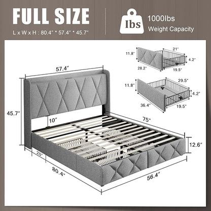 Einhomn Full Size Bed Frame with 4 Storage Drawers and Charging Station, Upholstered Platform Bed Frame with Storage Headboard, No Box Spring Needed, Easy Assembly, Light Grey