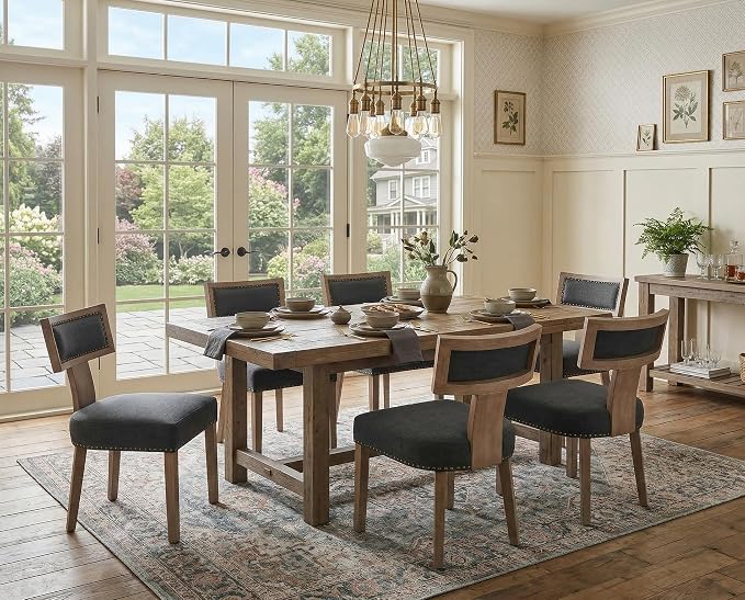 RIVOVA Mid Century Modern Dining Chairs Set of 4 Linen Fabric Upholstered Kitchen Side Chairs with Nailhead Trim, Modern Kitchen Armless Solid Wood Dining Chairs, Charcoal