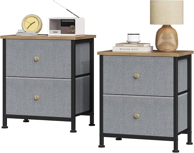 Sweetcrispy Nightstand Set of 2 with 2 Storage Drawers, Small Bedside Table | 20" Height Furniture End Table, Wooden Top Fabric Cabinet for Bedroom, Closet, Entryway, Blue 2Pack