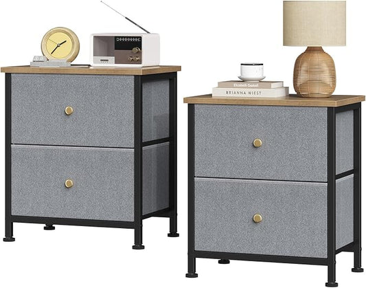 Sweetcrispy Nightstand Set of 2 with 2 Storage Drawers, Small Bedside Table | 20" Height Furniture End Table, Wooden Top Fabric Cabinet for Bedroom, Closet, Entryway, Blue 2Pack