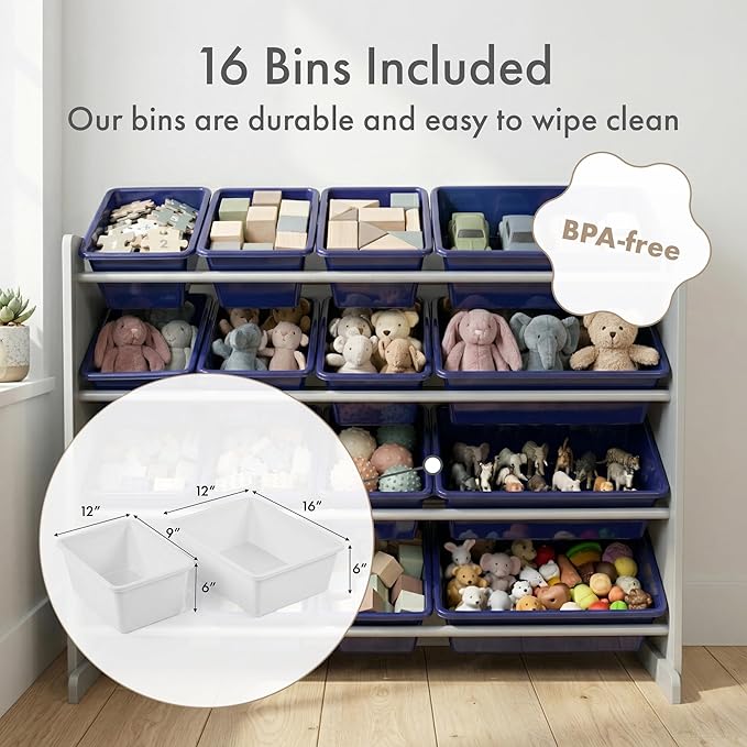 Humble Crew Toy Storage Organizer with 16 Removable Storage Bins for Kids Playroom, 4-Tier Toddler Toy Organization, Grey/Navy