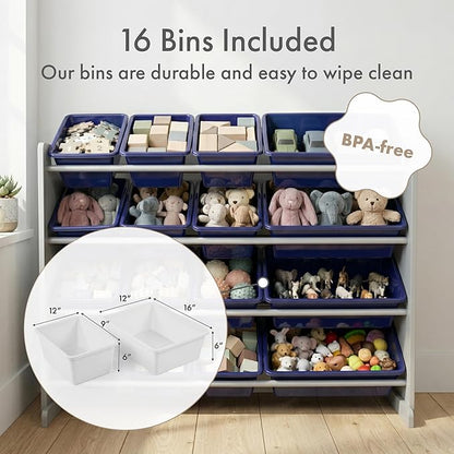 Humble Crew Toy Storage Organizer with 16 Removable Storage Bins for Kids Playroom, 4-Tier Toddler Toy Organization, Grey/Navy