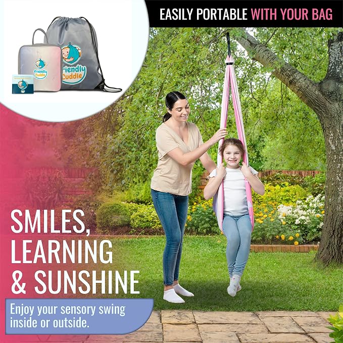 Indoor Sensory Swing for Kids or Outdoor – Holds 300lbs, Double-Layer, & 360° Swivel, Calming Compression Therapy Swing Hammock for Kids & Adults with All Hardware – Sensory-Motor Toys & Gifts