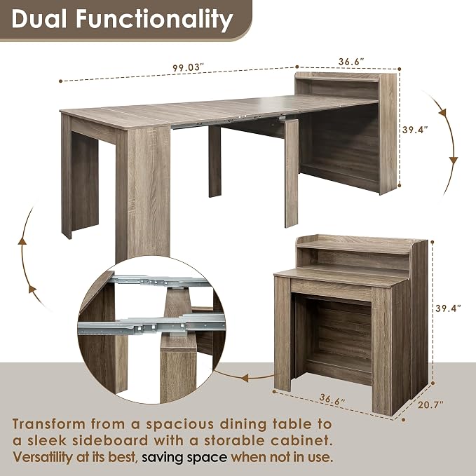 20"-99" Extendable Dining Table with Storage for 2-10 People, Modern Modular Extension Table, Space-Saving Extra Long Multifunctional Folding Dining Table, Oak