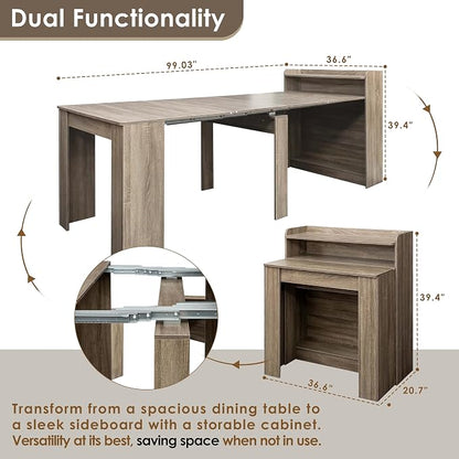 20"-99" Extendable Dining Table with Storage for 2-10 People, Modern Modular Extension Table, Space-Saving Extra Long Multifunctional Folding Dining Table, Oak