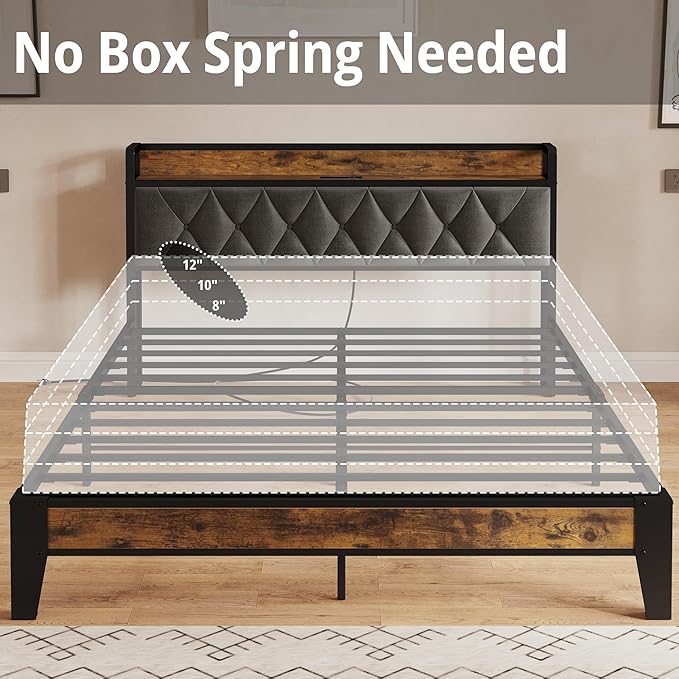 ANCTOR Full Bed Frame, Upholstered Tufted Headboard, Storage Shelves & Charging Station, No Box Springs Needed, Sturdy, Noise-Free, Modern Vintage Style