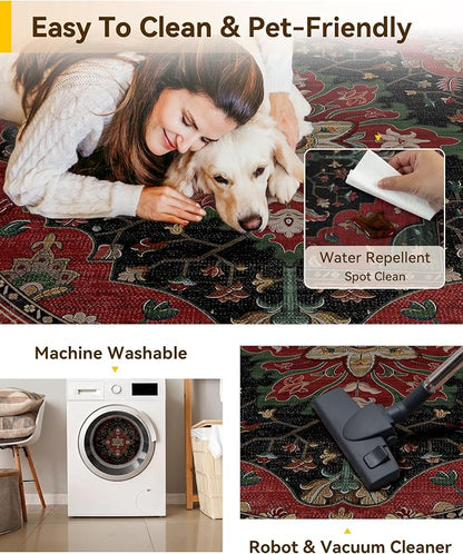 RELEANY Area Rugs Round 7ft Washable Non-Slip, Floral Vintage Distress Medallion Carpet for Living Room Bedroom Dining Room, Red Black
