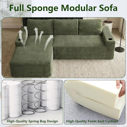 104.3" Modular Sectional Sofa,Modern Corduroy Cloud Couch with Cup Holder & Side Pockets,Boneless Couch Upholstered 3-Seater L-Shaped Sofa for Living Room,No Assembly (Green, Left-Facing Chaise) | with Cup Holder
