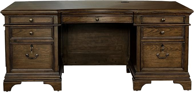 Pemberly Row Executive Desk, 72" W x 39" D x 31.25" H, Burnished Oak Finish, Wood Construction, Lockable File Cabinets, Felt-Lined Drawers, Bronze Hardware, Traditional Home Office Desk for Workspace