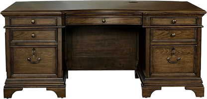 Pemberly Row Executive Desk, 72" W x 39" D x 31.25" H, Burnished Oak Finish, Wood Construction, Lockable File Cabinets, Felt-Lined Drawers, Bronze Hardware, Traditional Home Office Desk for Workspace