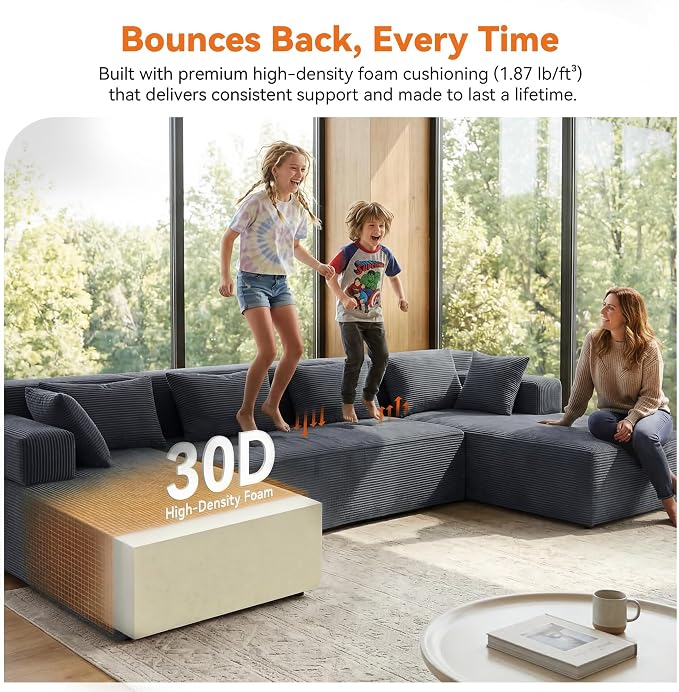 MONVANE 141" U Shaped Cloud Sectional Couch with Chaise Lounge, Modular Sectional Sofa with Removable Armrests, Comfy Corduroy Boneless Couches for Living Room, No Assembly Required, Grey