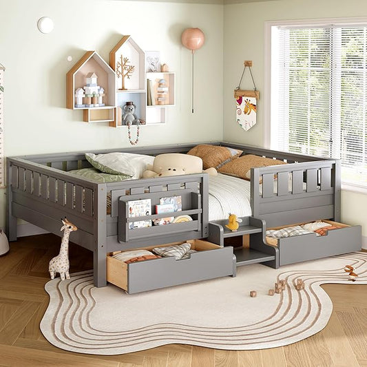 Bellemave Queen Size Kids Montessori Bed with Stairs and Bookshelf,Solid Wood Queen Size Kids Bed Frame with Drawers and Storage for Girls Boys,Low-Profile,Gray