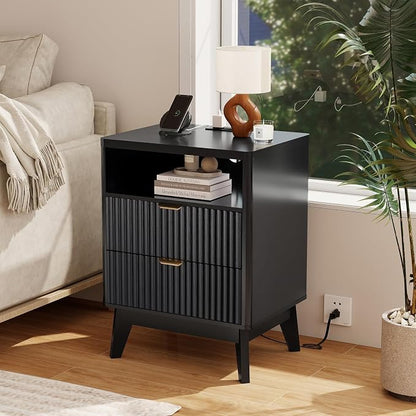LYNCOHOME Fluted Nightstand with Charging Station, 19.7 inch Wide End Table with 2 Drawers, Modern Wood Bedside Table for Bedroom, Black,1 Pcs
