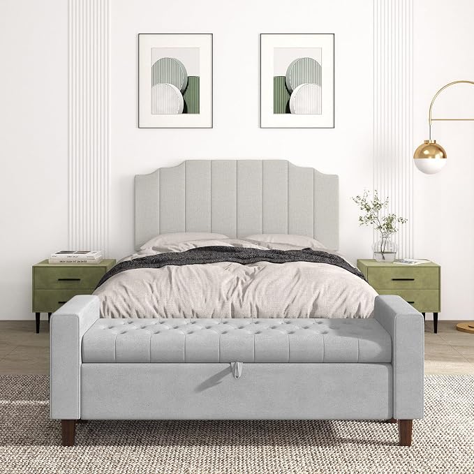 Befurtori Queen Size Headboard Only, Linen Wall Mounted Headboard Queen/Full Size for Adjustable Bed, Modern Vertical Channel Design with Curved Tufted Upholstered Head Board, Linen Gray