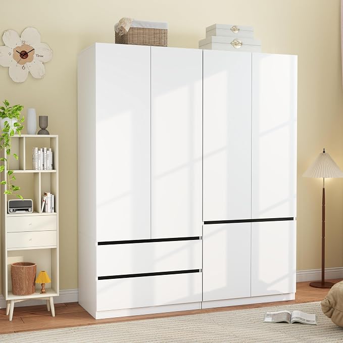 Armoire Wardrobe Closet with Drawers：75" Large White Wardrobe Closet Cabinet with 4 Doors for Hanging Clothes, Modern Wooden Bedroom Armoires with 2 Drawers and Storage (A+C, 63")