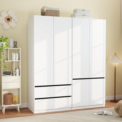 Armoire Wardrobe Closet with Drawers：75" Large White Wardrobe Closet Cabinet with 4 Doors for Hanging Clothes, Modern Wooden Bedroom Armoires with 2 Drawers and Storage (A+C, 63")