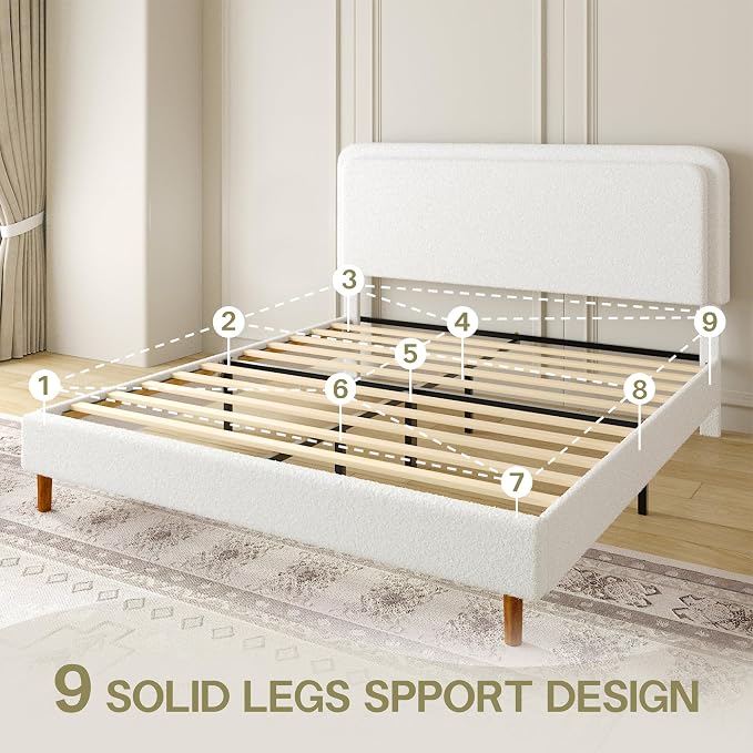 King Size Boucle Upholstered Bed Frame with Adjustable Headboard, Cloud Platform Bed, Solid Wooden Legs, No Box Spring Needed, Easy Assembly, White