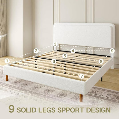King Size Boucle Upholstered Bed Frame with Adjustable Headboard, Cloud Platform Bed, Solid Wooden Legs, No Box Spring Needed, Easy Assembly, White