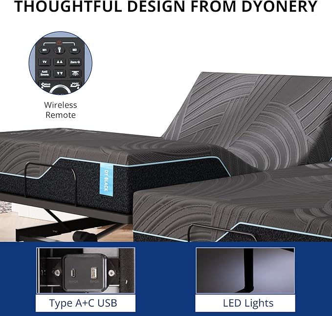 Dyonery Split King Adjustable Bed Base Frame with Wireless Remote + 14 Inch Blue Copper Memory Foam Mattress Bed in a Box, Head and Foot Incline & Massage, Zero Gravity, Fiberglass Free, 80" × 76"