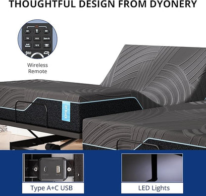 Dyonery Split King Adjustable Bed Base Frame with Wireless Remote + 14 Inch Blue Copper Memory Foam Mattress Bed in a Box, Head and Foot Incline & Massage, Zero Gravity, Fiberglass Free, 80" × 76"
