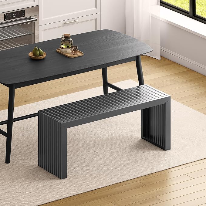 Bamboo Dining Bench, 35'' Slatted Design Entryway Bench, Black | Modern Solid Bamboo Seating Bench for Indoor & Outdoor Use, Ideal for Kitchen, Hallway, Bedroom