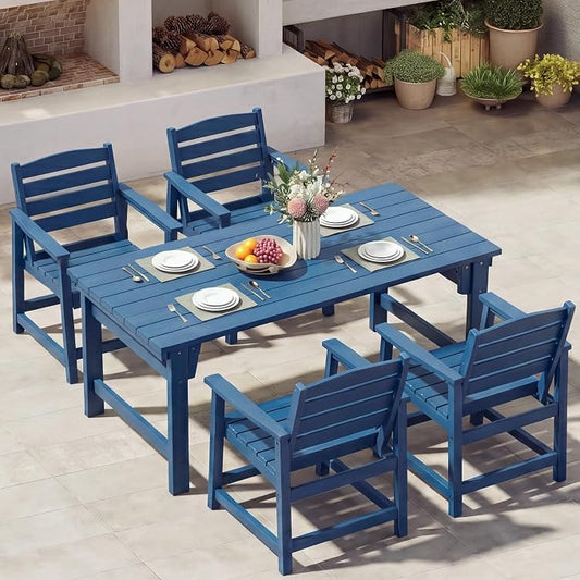 Furnimart 5-Piece Outdoor Dining Set, 67" HDPE Dining Table and Chairs for 4, All-Weather Patio Dining Set with Umbrella Hole, Outdoor Furniture Set for Backyard, Garden, Lawn & Poolside, Blue