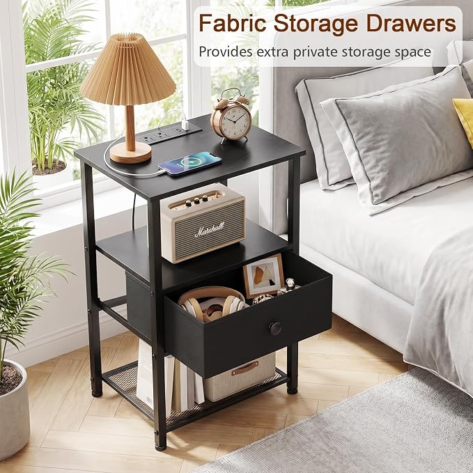 LOAKEKEL Nightstands Set of 2 with Charging Station, Night Stand with Fabric Drawer, End Tables Living Room with Storage Shelf for Small Spaces, Bed Side Tables for Bedroom, Black, HETS010BK
