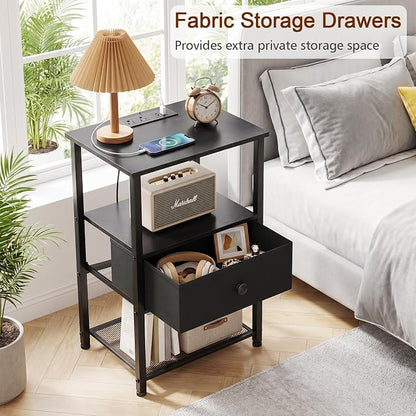 LOAKEKEL Nightstands Set of 2 with Charging Station, Night Stand with Fabric Drawer, End Tables Living Room with Storage Shelf for Small Spaces, Bed Side Tables for Bedroom, Black, HETS010BK