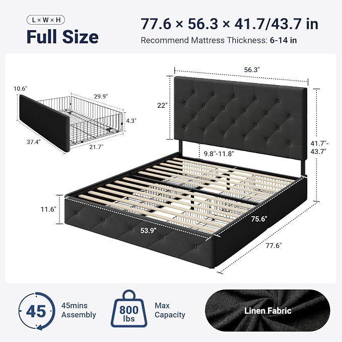 Allewie Upholstered Full Size Platform Bed Frame with 4 Storage Drawers and Headboard, Diamond Stitched Button Tufted, Mattress Foundation with Wooden Slats Support, No Box Spring Needed, Dark Grey