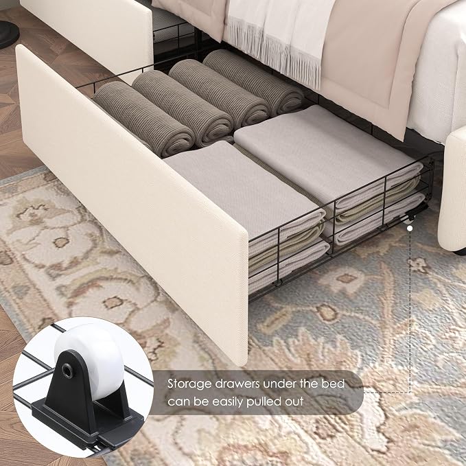 Keyluv Full Size Upholstered Platform Bed Frame with 4 Storage Drawers, Modern Beige Fabric Bed with Adjustable Button Tufted Headboard, Solid Wooden Slat Support, Easy Assembly