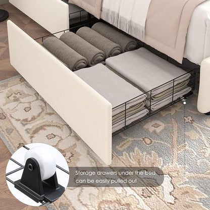 Keyluv Full Size Upholstered Platform Bed Frame with 4 Storage Drawers, Modern Beige Fabric Bed with Adjustable Button Tufted Headboard, Solid Wooden Slat Support, Easy Assembly