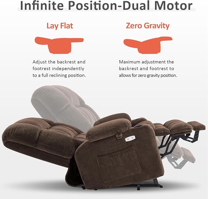 MCombo Oversized Power Lift Recliner Chair for Elderly, Dual Motor Lift Chair with Heat and Massage, Lay Flat Lift Chair for Big and Tall, Cup Holders, Fabric R7891 (Large-Wide, Mocha)