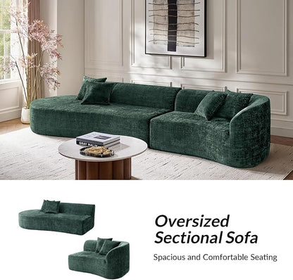 141.75" Modern Curved Compressed Sofa, All-Foam Cloud Couches with 4 Pillows, No Assembly Required Boneless Sectional Sofas, Large Floor Couch for Living Room, Olive