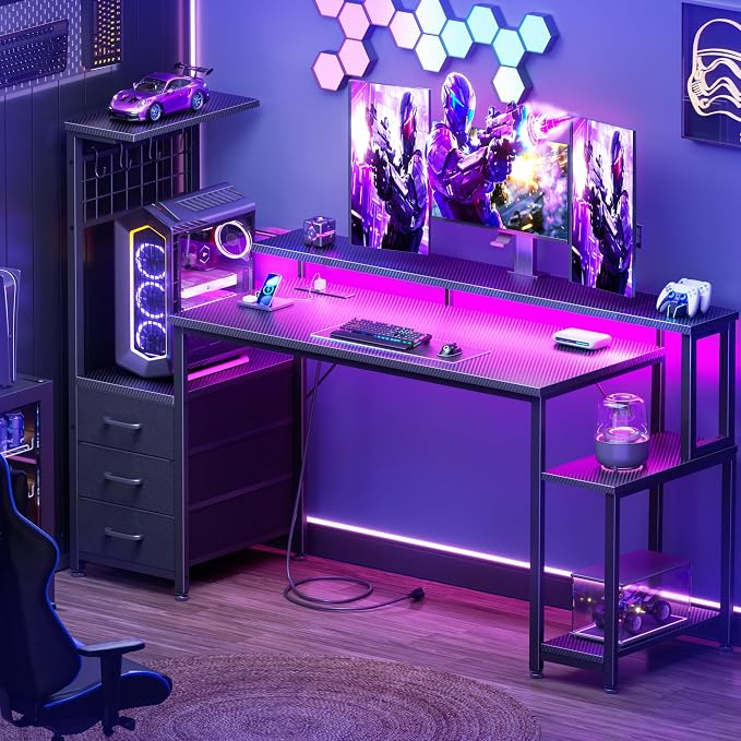 Korfile 55 Inch Gaming Desk with Bluetooth LED Lights & Power Outlets,Computer Desk with Fabric Drawers & Hooks,Reversible Gamer Table with Monitor Stand for Game Room,Home Office,Carbon Fiber Black