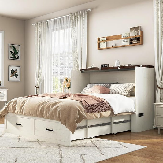 Hlivelood Queen Size Murphy Chest Bed with Drawer and Charging Station, Farmhouse Wood Space-Saving Hidden Folding Bed Chest, Multifunctional Storage Cabinet Beds for Bedroom, Office, Rustic White