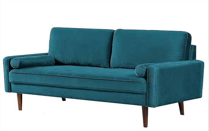 Container Furniture Direct Velvet Tufted Sofas for Living Room, Classic Mid-Century Style with Modern Silhouette, Button Tufting and Wood Legs, Includes 2 Bolster Pillows, Couch, Greenish Blue